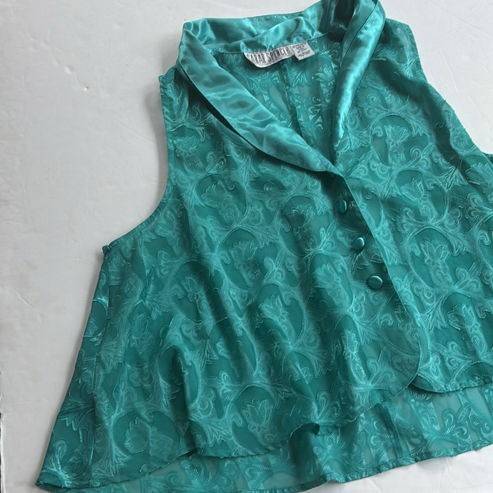 Vintage 90’s Collared Preppy Silky Teal Sleeveless Cropped Top Shirt Large Swing - Picture 16 of 17